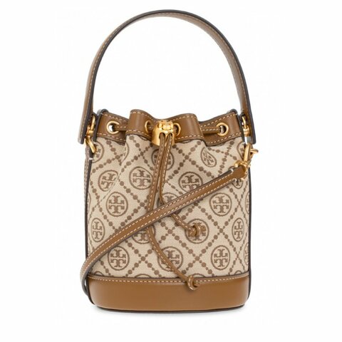 【TORY BURCH】緹花織布拼接皮革束口水桶包-卡其駝