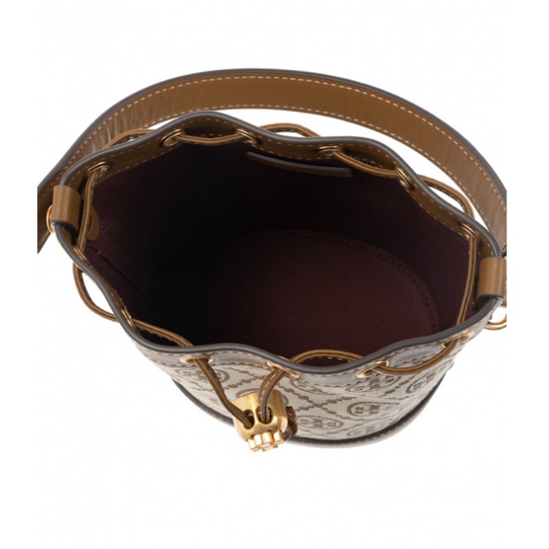 【TORY BURCH】緹花織布拼接皮革束口水桶包-卡其駝-1