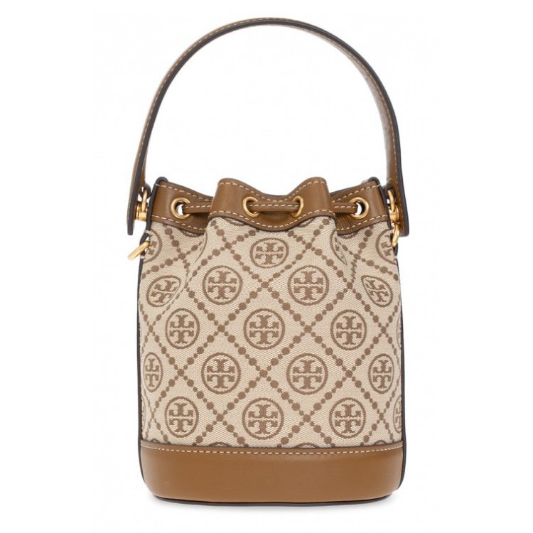 【TORY BURCH】緹花織布拼接皮革束口水桶包-卡其駝-3