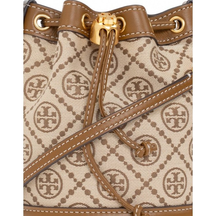 【TORY BURCH】緹花織布拼接皮革束口水桶包-卡其駝-4