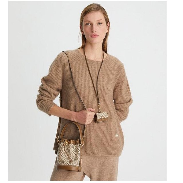 【TORY BURCH】緹花織布拼接皮革束口水桶包-卡其駝-5