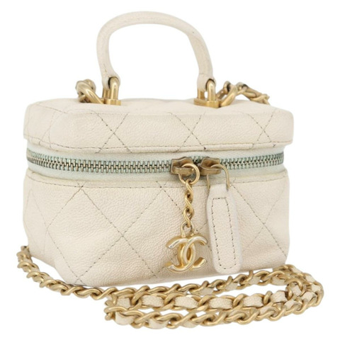 香奈兒 (CHANEL) Matelasse Vanity Chain Bag Caviar Skin White Gold CC Auth 170858A