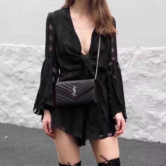 Saint Laurent - 黑色銀釦下蓋信封包╻WOC-0