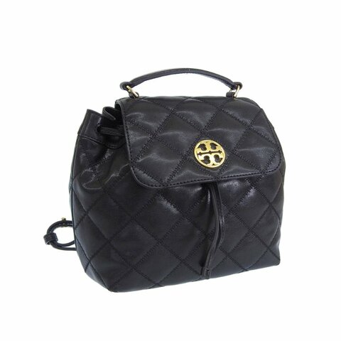 【TORY BURCH】高質感菱格紋羊皮翻蓋後背包-黑