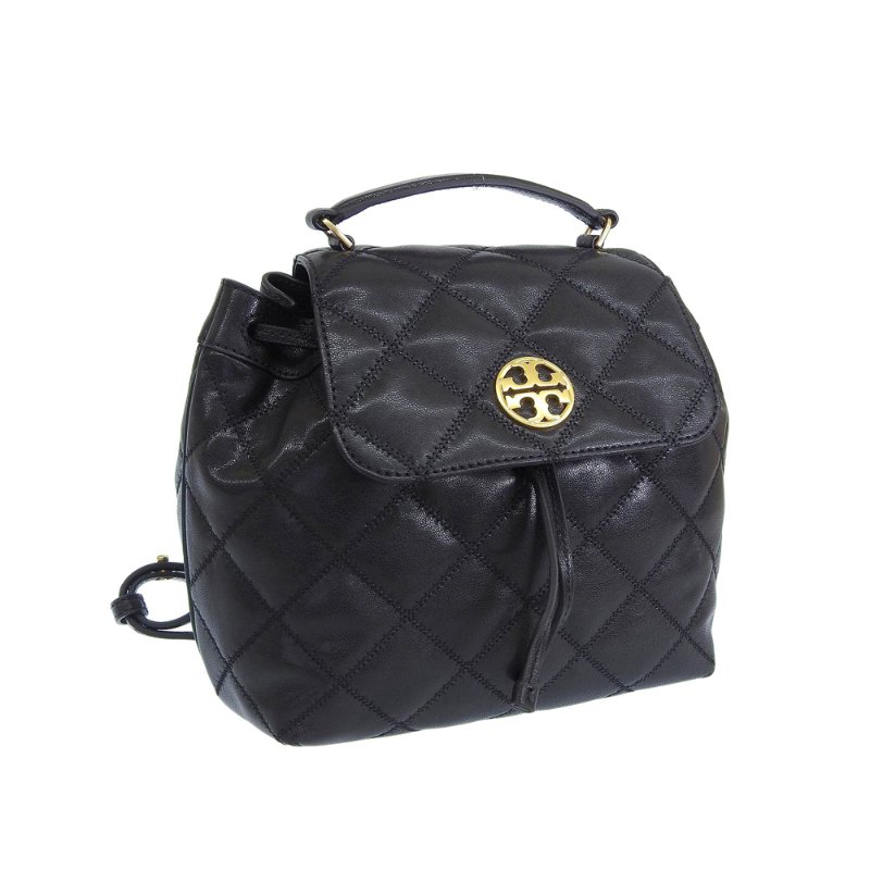 【TORY BURCH】高質感菱格紋羊皮翻蓋後背包-黑-4