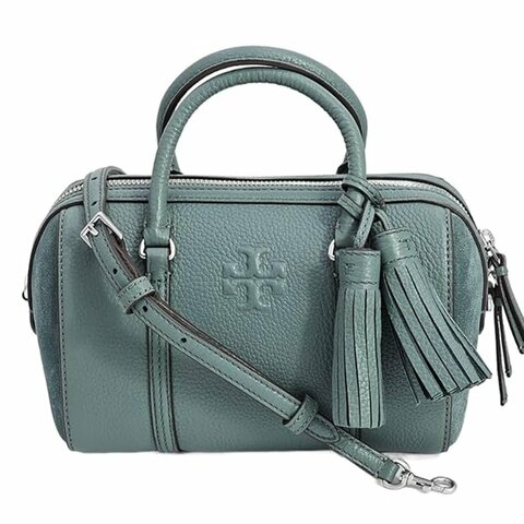 【TORY BURCH】荔枝皮革拼接麂皮流蘇兩用波士頓包-莫蘭迪綠(背帶兩款可替換)