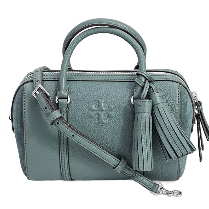 【TORY BURCH】荔枝皮革拼接麂皮流蘇兩用波士頓包-莫蘭迪綠(背帶兩款可替換)-0