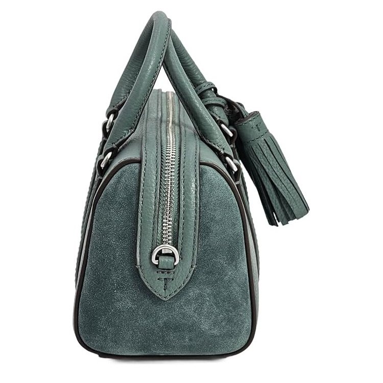 【TORY BURCH】荔枝皮革拼接麂皮流蘇兩用波士頓包-莫蘭迪綠(背帶兩款可替換)-1