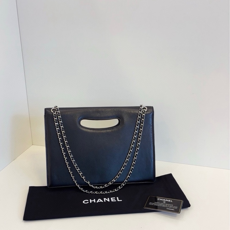 99新🆕Chanel香奈兒 黑銀菱格橫版公文鏈條包-2