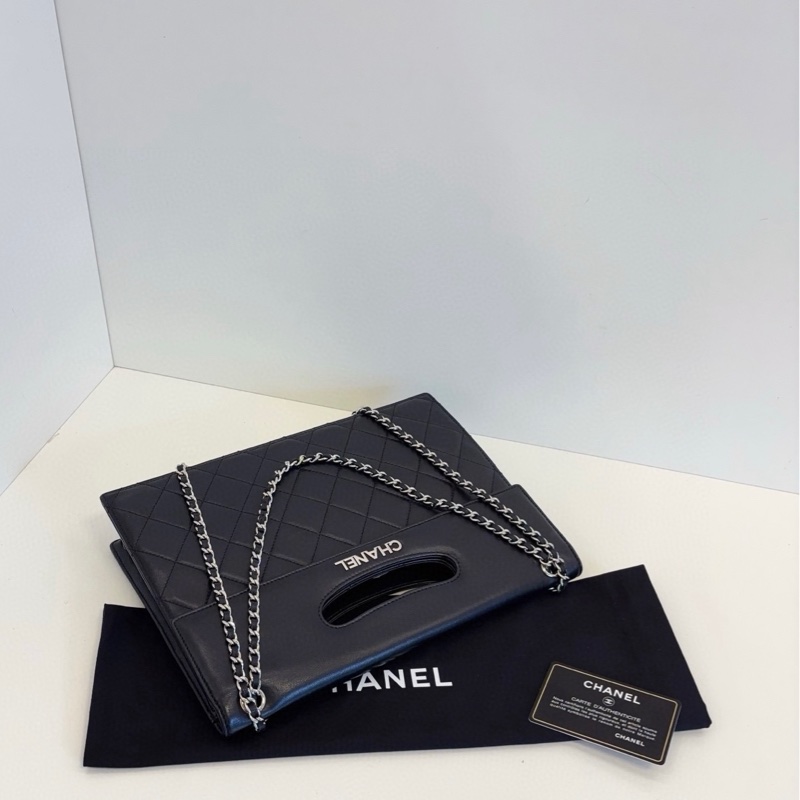 99新🆕Chanel香奈兒 黑銀菱格橫版公文鏈條包-3