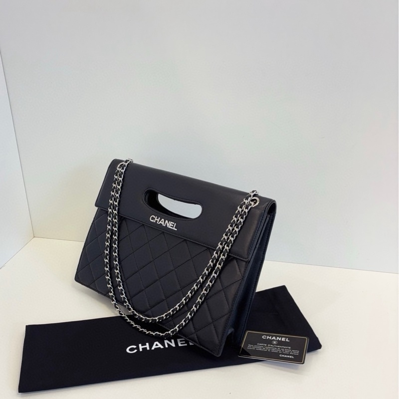 99新🆕Chanel香奈兒 黑銀菱格橫版公文鏈條包-5