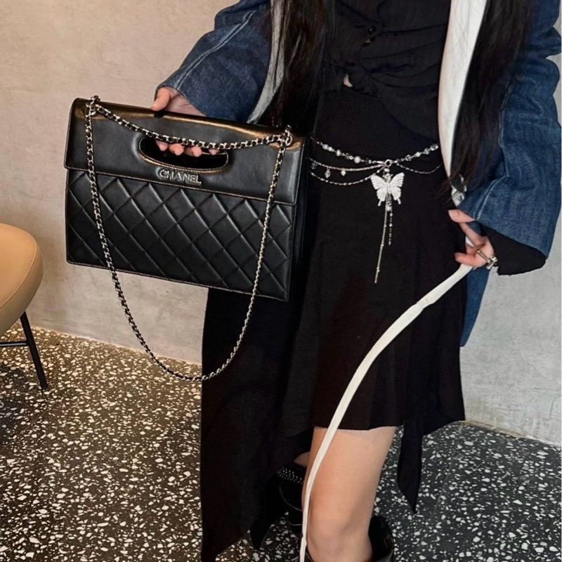 99新🆕Chanel香奈兒 黑銀菱格橫版公文鏈條包-7