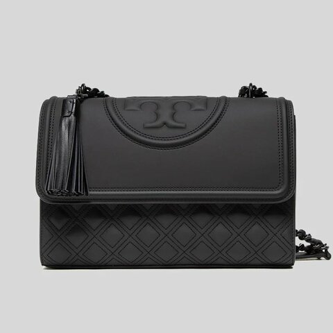 【TORY BURCH】霧面菱格紋翻蓋流蘇肩背包-黑