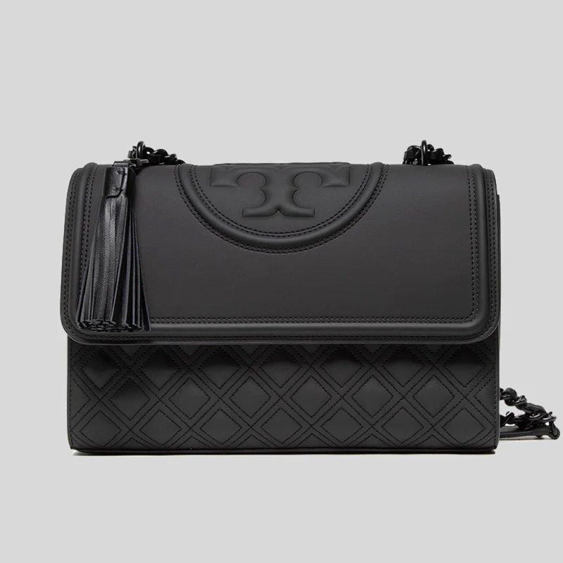 【TORY BURCH】霧面菱格紋翻蓋流蘇肩背包-黑-0