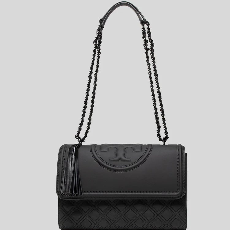 【TORY BURCH】霧面菱格紋翻蓋流蘇肩背包-黑-1