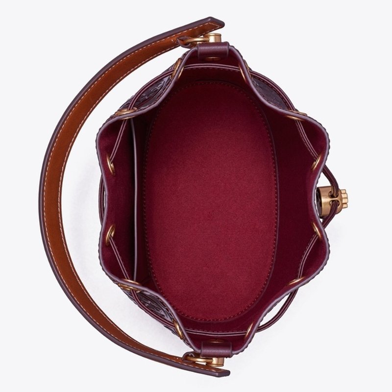 【TORY BURCH】漆皮浮雕LOGO素色束口水桶包/兩用包-酒紅-1