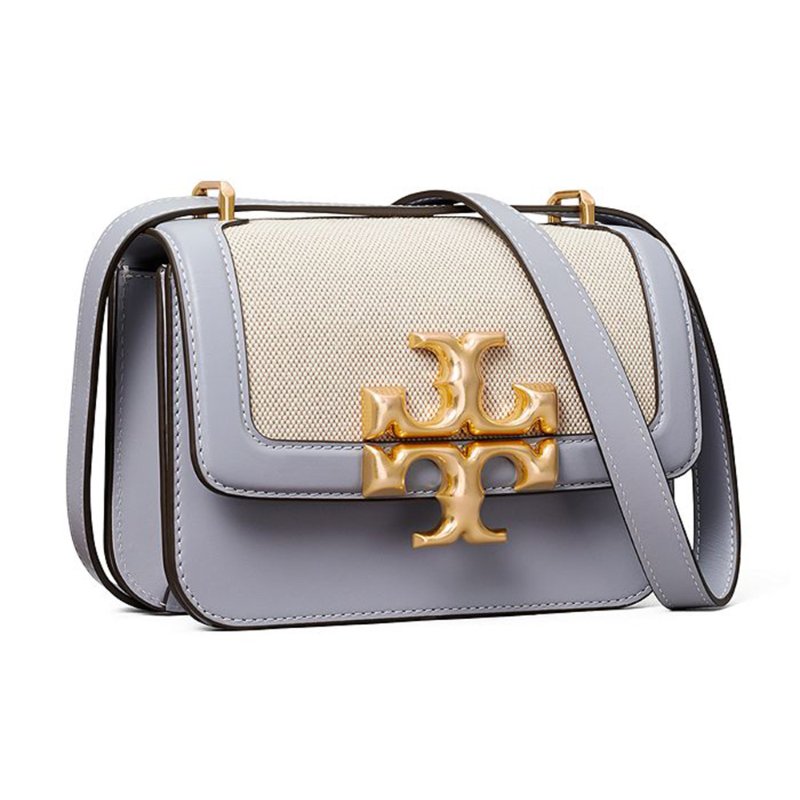 【TORY BURCH】復古拼接皮革翻蓋斜背包-卡其滾藍邊-1