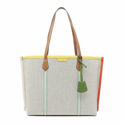 【TORY BURCH】撞色帆布拼接皮革托特包-淺米黃邊