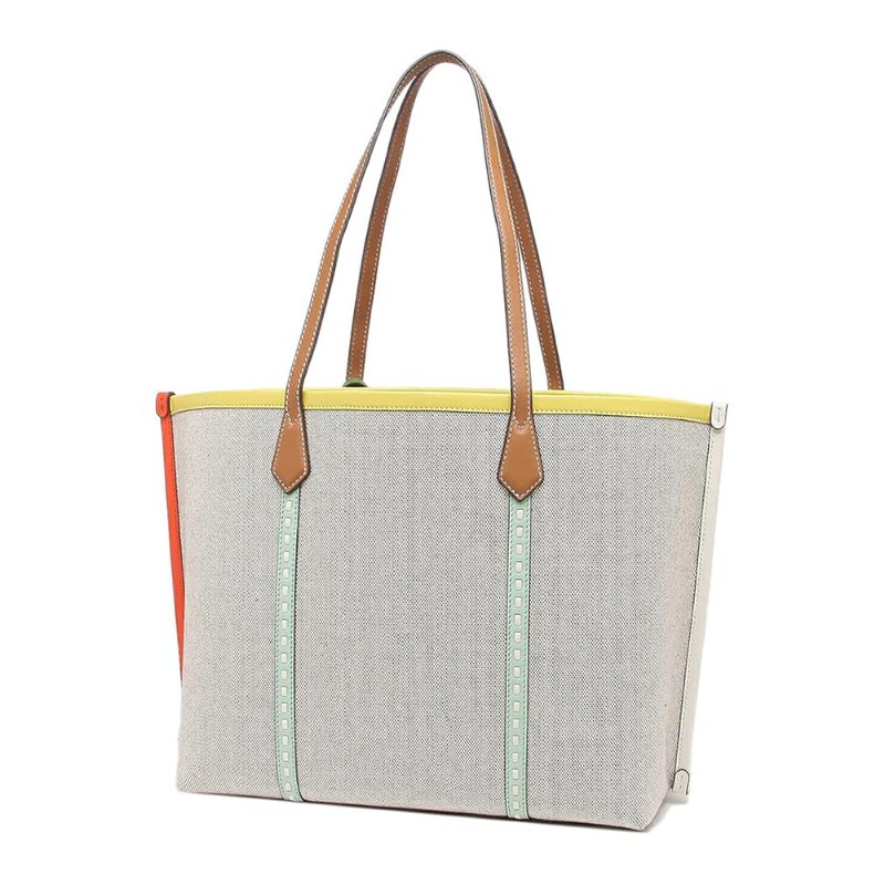 【TORY BURCH】撞色帆布拼接皮革托特包-淺米黃邊-1