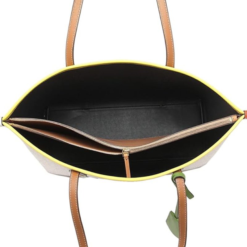 【TORY BURCH】撞色帆布拼接皮革托特包-淺米黃邊-2