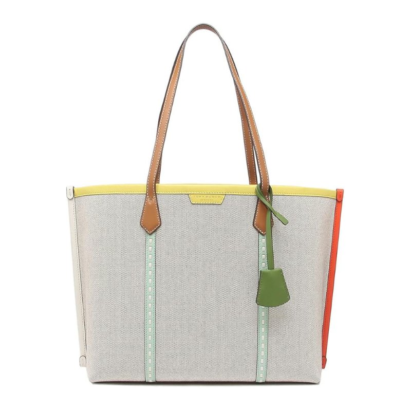【TORY BURCH】撞色帆布拼接皮革托特包-淺米黃邊-4