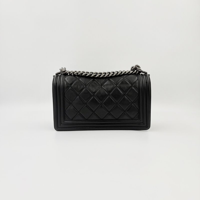 CHANEL - 黑色牛皮大菱格霧銀釦BOY手提斜背包 ╻25CM-5