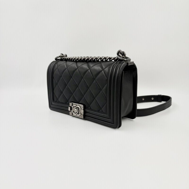 CHANEL - 黑色牛皮大菱格霧銀釦BOY手提斜背包 ╻25CM-6