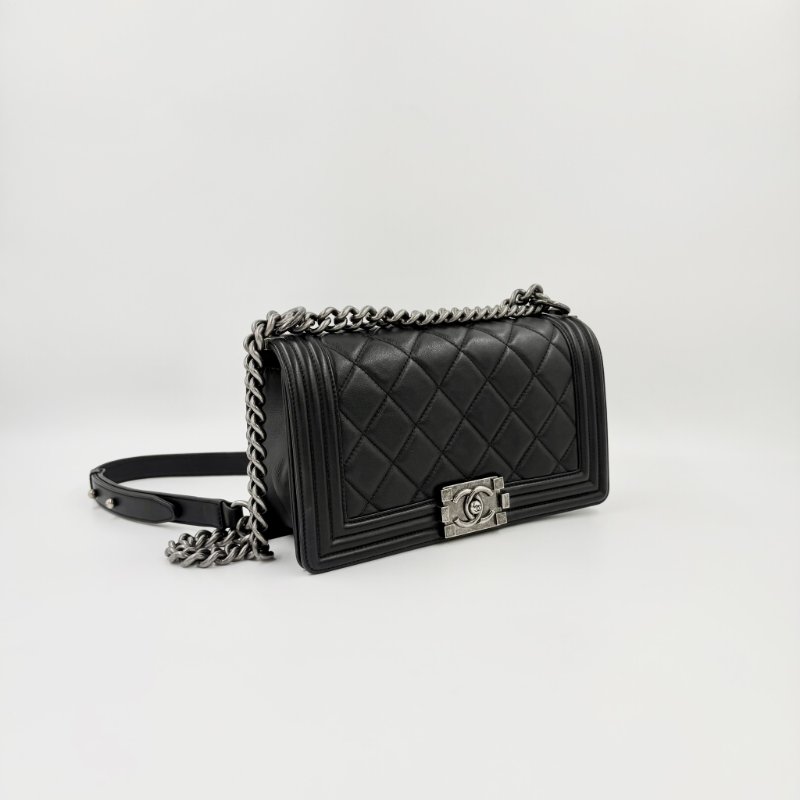 CHANEL - 黑色牛皮大菱格霧銀釦BOY手提斜背包 ╻25CM-7