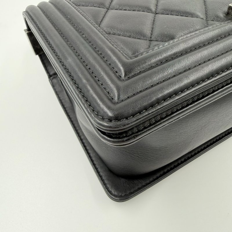 CHANEL - 黑色牛皮大菱格霧銀釦BOY手提斜背包 ╻25CM-10