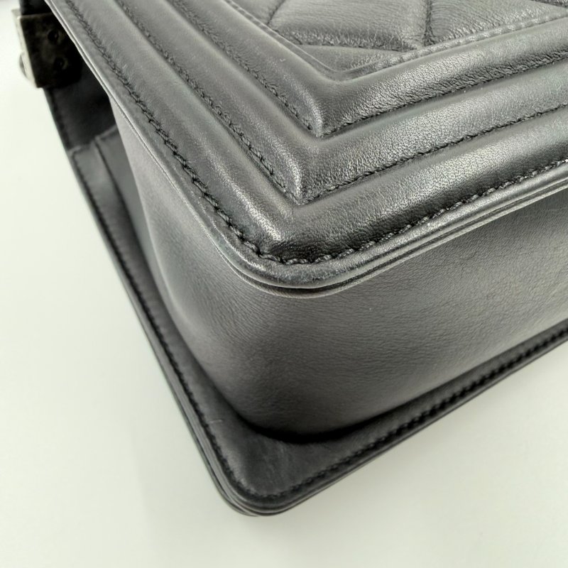 CHANEL - 黑色牛皮大菱格霧銀釦BOY手提斜背包 ╻25CM-12