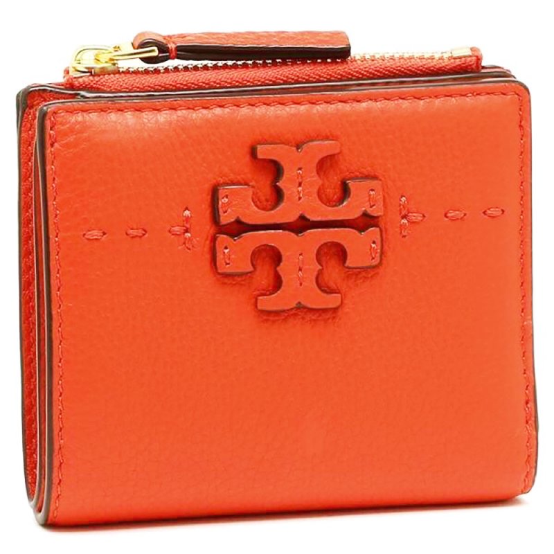 【TORY BURCH】雙T-LOGO素面皮革短夾-粉桔-0