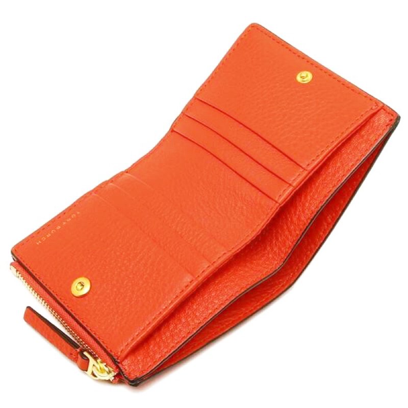 【TORY BURCH】雙T-LOGO素面皮革短夾-粉桔-1