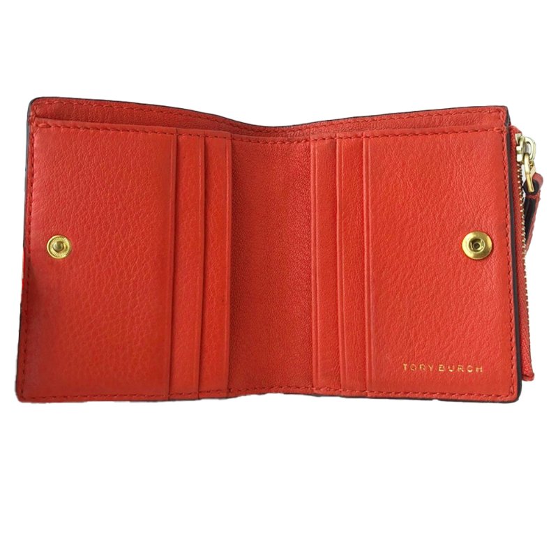 【TORY BURCH】雙T-LOGO素面皮革短夾-粉桔-2