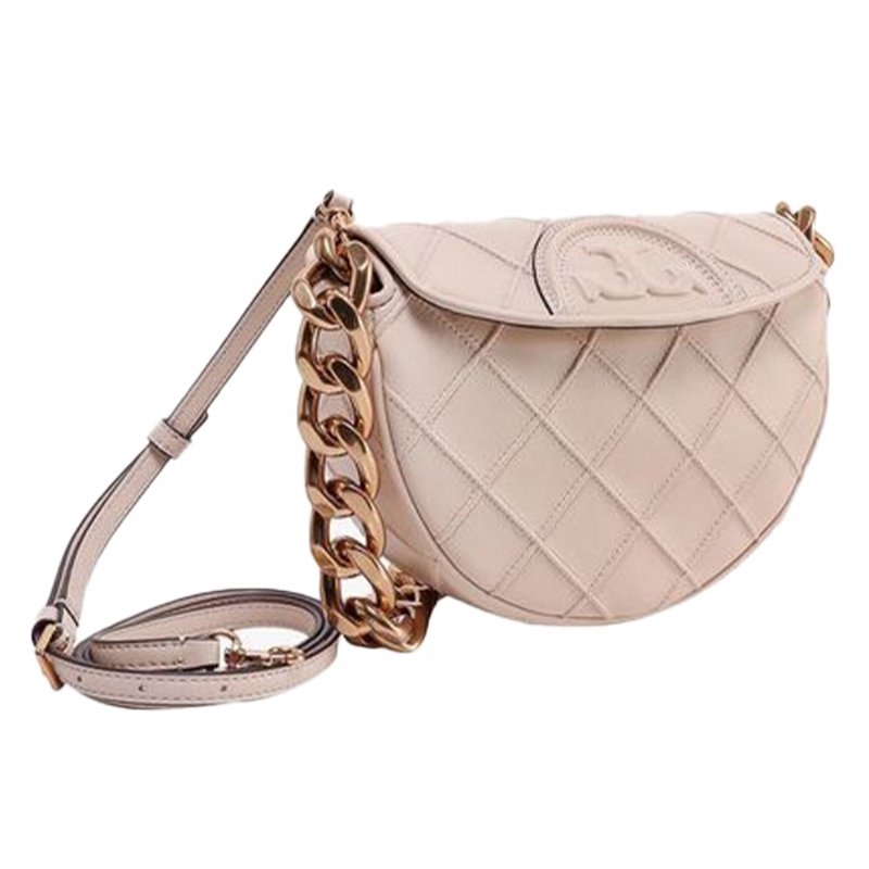 【TORY BURCH】菱格紋皮革翻蓋鏈包-粉-1