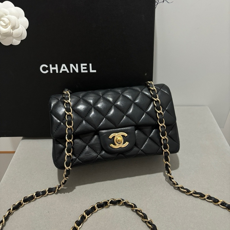 Chanel香奈兒 cf 大mini 黑金羊皮鏈條包-2