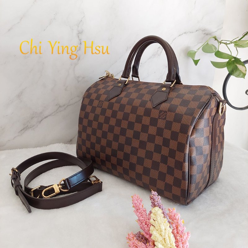 LV N40590 格紋 🎀現貨實拍 🎀Speedy30cm 波士頓包 手提 肩背 斜背包~二手品(附LV原廠三段式背帶)-0