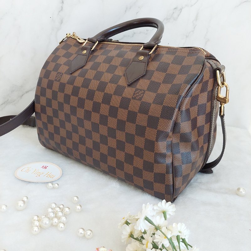 LV N40590 格紋 🎀現貨實拍 🎀Speedy30cm 波士頓包 手提 肩背 斜背包~二手品(附LV原廠三段式背帶)-13