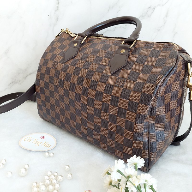 LV N40590 格紋 🎀現貨實拍 🎀Speedy30cm 波士頓包 手提 肩背 斜背包~二手品(附LV原廠三段式背帶)-15