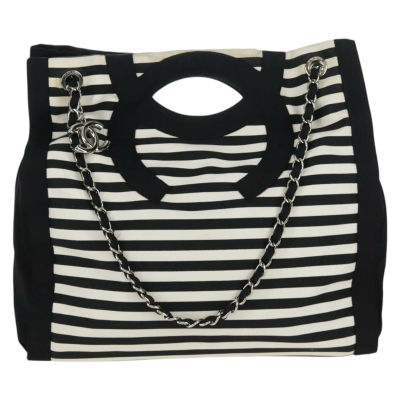 【日本直送】香奈兒 (CHANEL) 郵輪系列帆布手提包，黑色銀色雙C標誌，正品編號 168930SAV-12