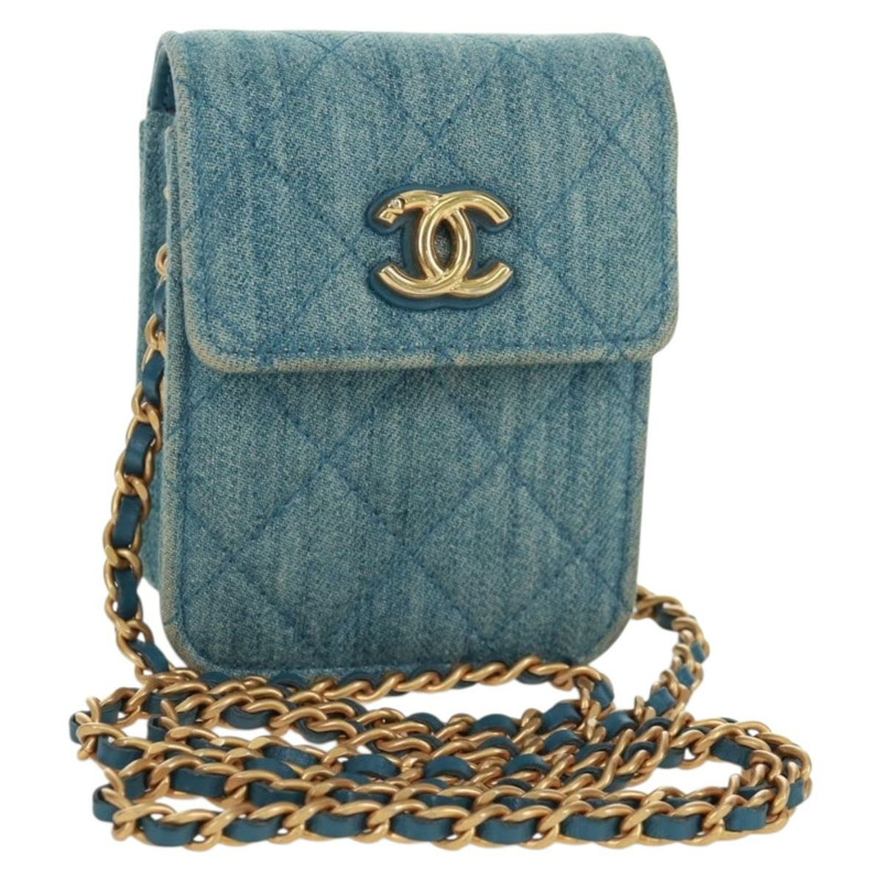 【日本直送】香奈兒 (CHANEL) 絎縫鏈條肩包，牛仔布淺藍色，金色雙C標誌，貨號 170909SAM-0
