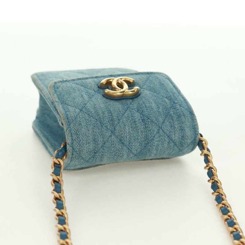 【日本直送】香奈兒 (CHANEL) 絎縫鏈條肩包，牛仔布淺藍色，金色雙C標誌，貨號 170909SAM-5