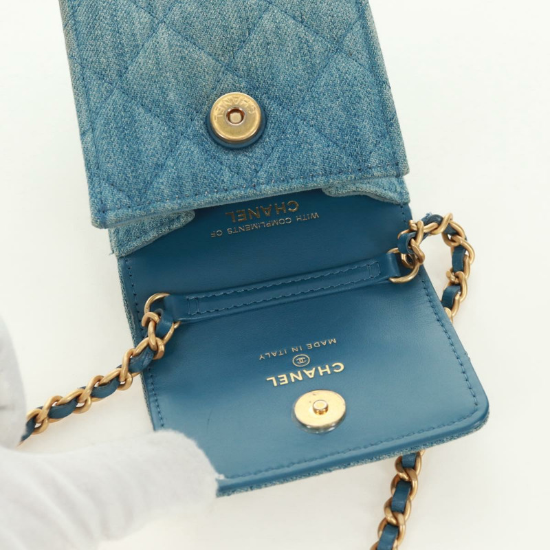 【日本直送】香奈兒 (CHANEL) 絎縫鏈條肩包，牛仔布淺藍色，金色雙C標誌，貨號 170909SAM-8