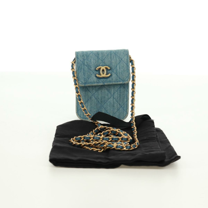【日本直送】香奈兒 (CHANEL) 絎縫鏈條肩包，牛仔布淺藍色，金色雙C標誌，貨號 170909SAM-11