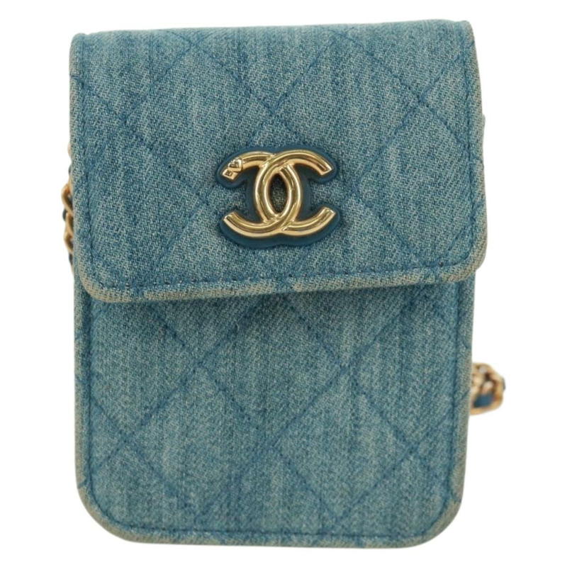 【日本直送】香奈兒 (CHANEL) 絎縫鏈條肩包，牛仔布淺藍色，金色雙C標誌，貨號 170909SAM-12