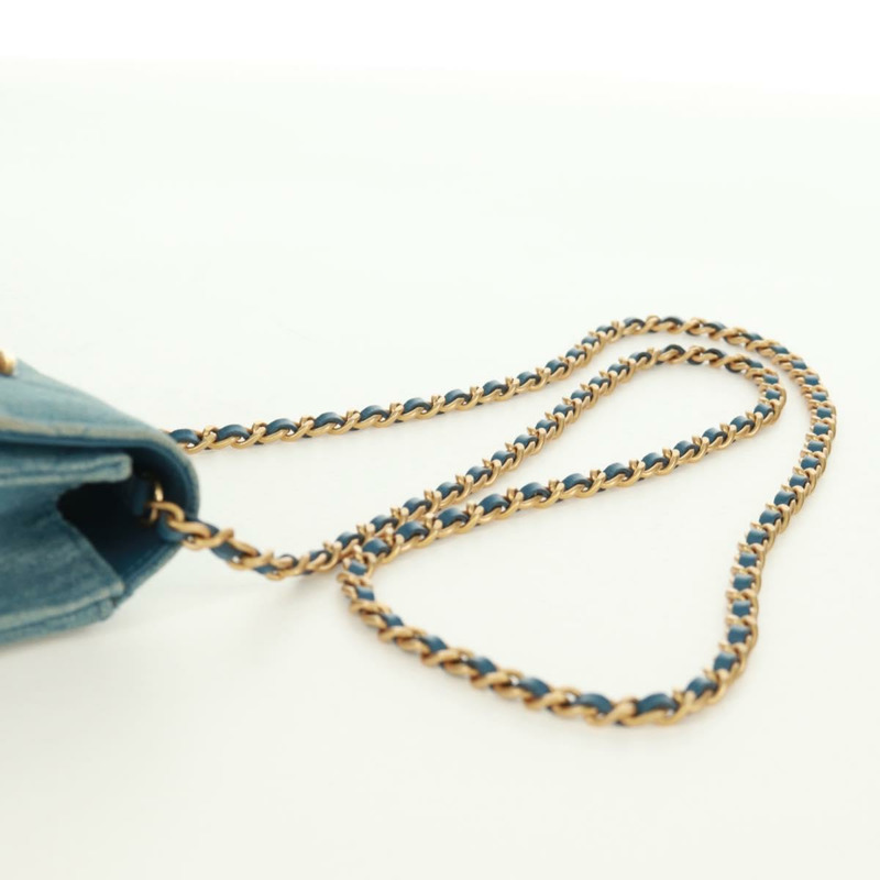 【日本直送】香奈兒 (CHANEL) 絎縫鏈條肩包，牛仔布淺藍色，金色雙C標誌，貨號 170909SAM-13