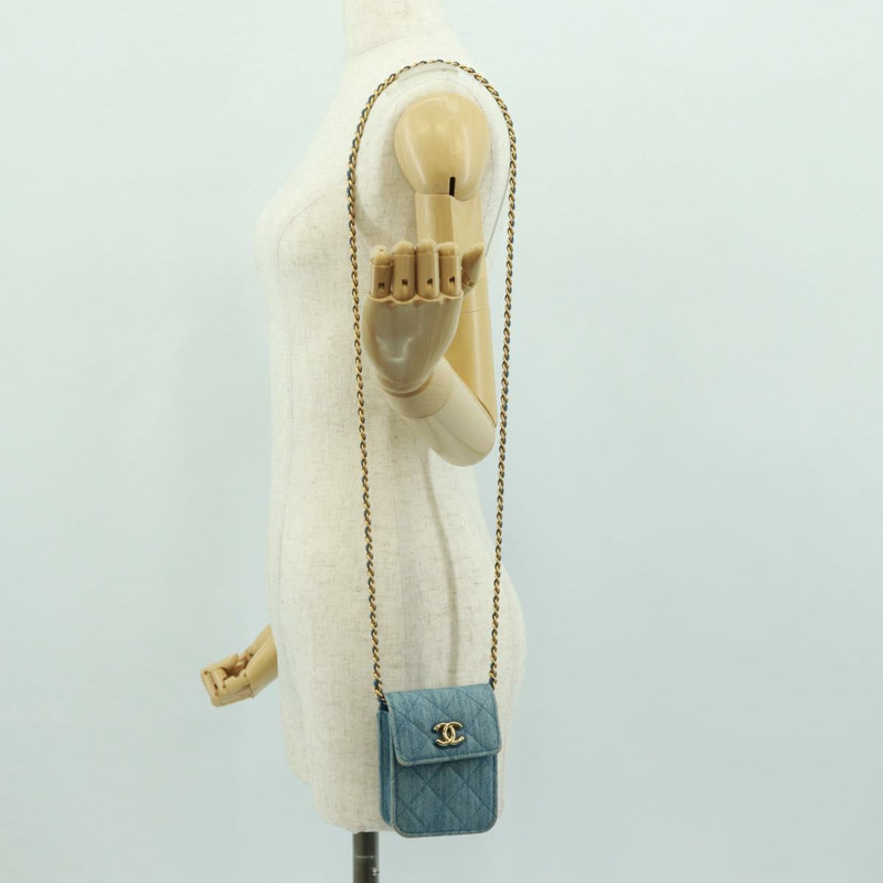 【日本直送】香奈兒 (CHANEL) 絎縫鏈條肩包，牛仔布淺藍色，金色雙C標誌，貨號 170909SAM-23