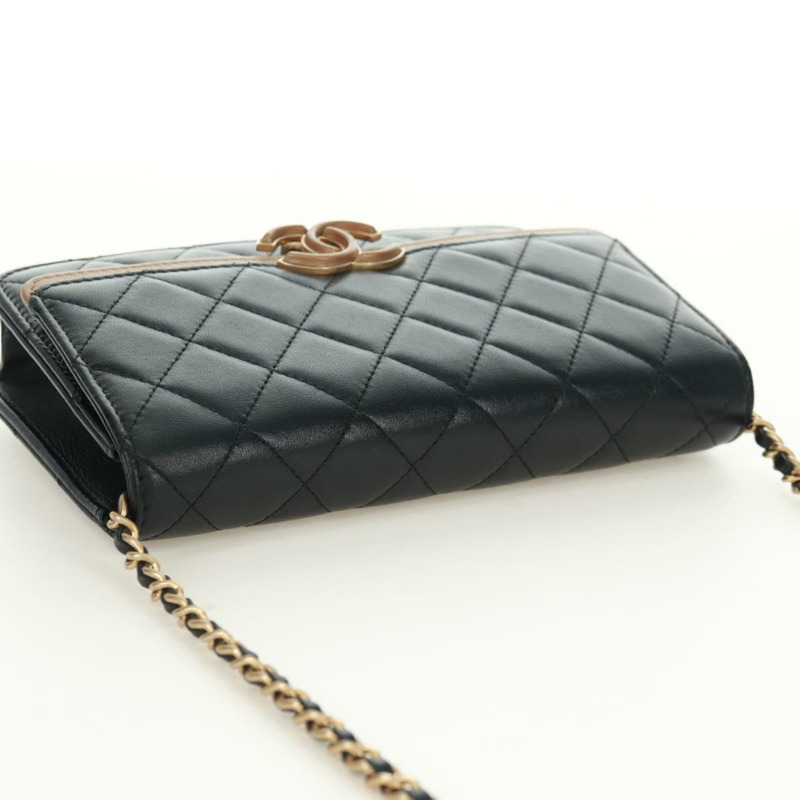 【日本直送】香奈兒 (CHANEL) 絎縫鏈條錢包,羊皮材質,黑色,CC標誌,貨號171862SAM-5