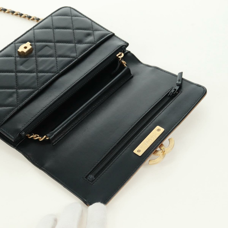 【日本直送】香奈兒 (CHANEL) 絎縫鏈條錢包,羊皮材質,黑色,CC標誌,貨號171862SAM-8