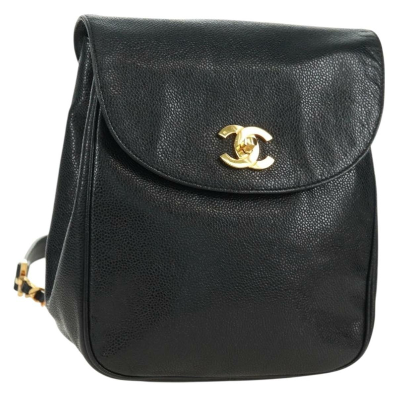 【日本直送】香奈兒 COCO 標誌雙肩包,魚子醬紋皮革,黑色金色 CC 標誌,正品 SK008SV-0