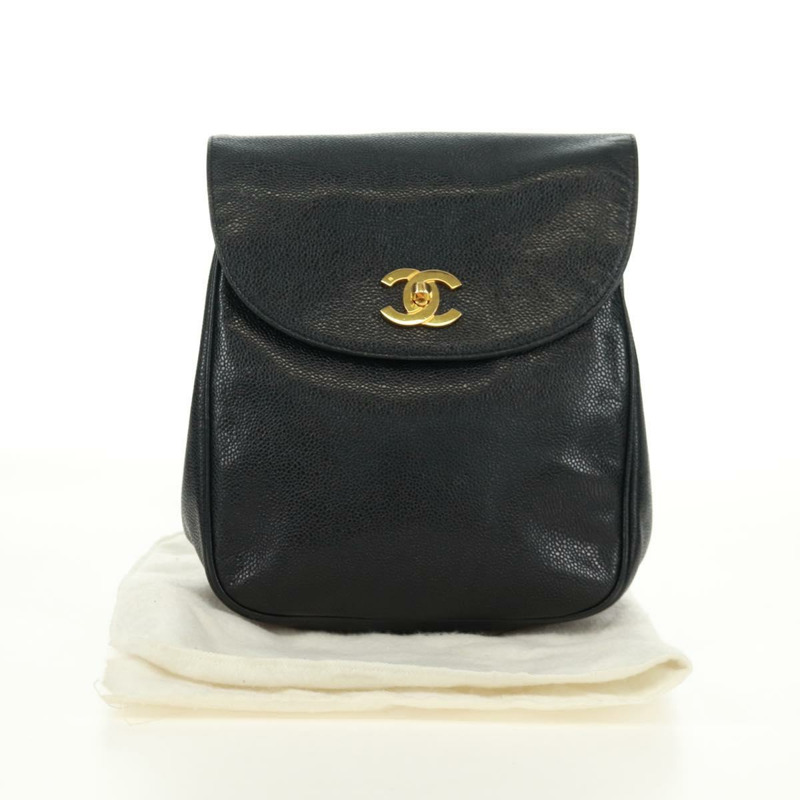 【日本直送】香奈兒 COCO 標誌雙肩包,魚子醬紋皮革,黑色金色 CC 標誌,正品 SK008SV-11